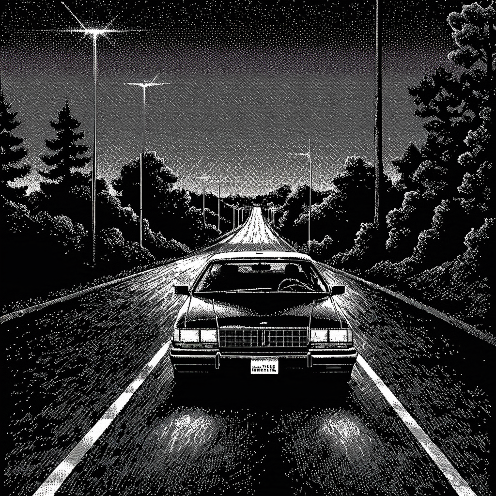 02770-1196065927-_lora_Macpaint-XL-000015_1_, Macpaint, a black and white pixel image of a car driving down a road at night with a sunset in the.png